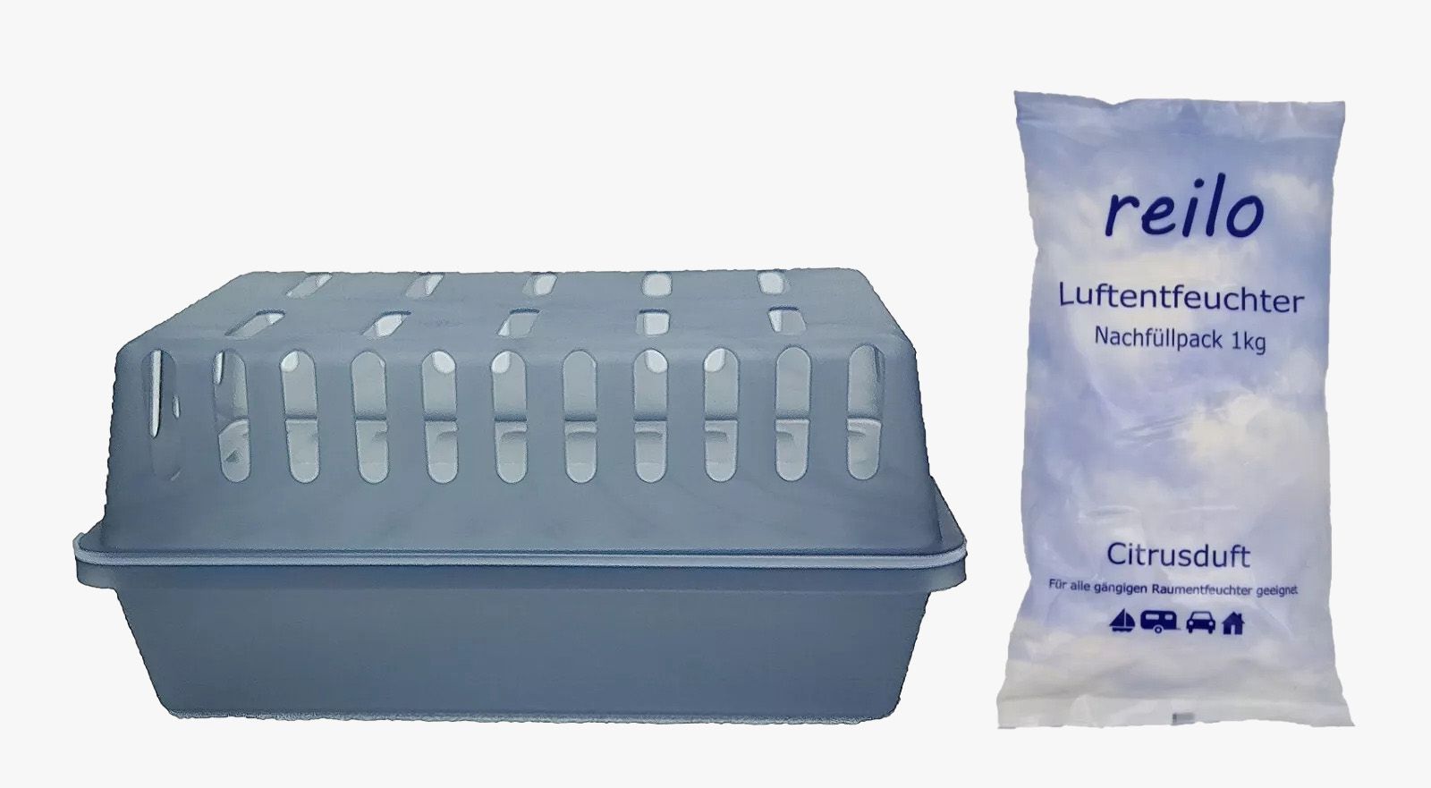 reilo® Luftentfeuchterbox mit dem verpacktem Granulat daneben